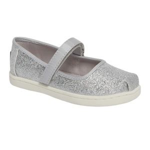 Tom's Glitter Mary Jane Flat Silver Iridescent Glimmer Size 4-NWT